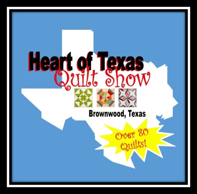 Heart-of-Texas Graphic with a white outline of Texas on a blue background. Text reads Heart of Texas Quilt Show in Brownwood TX, Over 80 Quilts! and features three quilt patterns.