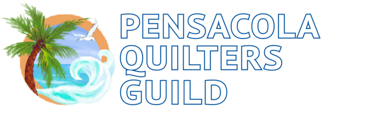 Logo for the Pensacola Quilters Guild featuring a palm tree, ocean wave, and flying seagull beside large blue outlined text reading PENSACOLA QUILTERS GUILD—perfect for promoting a quilt show in Pensacola.