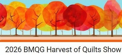 Rows of colorful autumn trees with overlapping orange, yellow, and red leaves. The text below reads, 2026 BMQG Quilt Show in Laconia NH – Harvest of Quilts Show.
