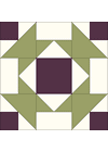 A quilt block pattern featuring a central dark purple square, surrounded by olive green and cream geometric shapes forming a symmetrical design with triangles and rectangles—perfect for showcasing at a Quilt Show in Shiner TX.