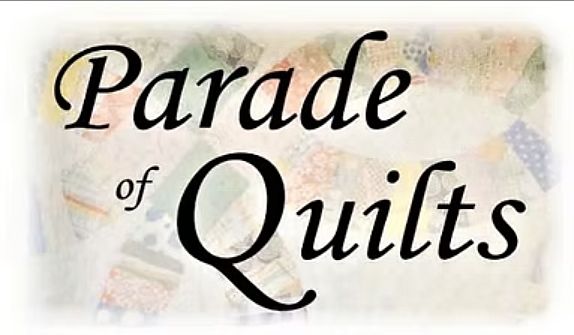 Text reading Parade of Quilts in elegant black font over a faded background featuring colorful quilt patterns, highlighting the Quilt Show in Yoder KS.