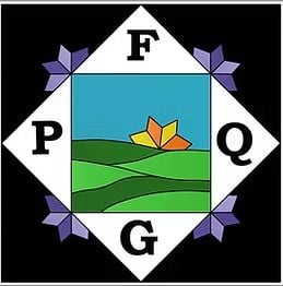 F PQG-LogoA square quilt block with a landscape and yellow star in the center, surrounded by a white diamond border featuring the black letters F, P, Q, and G on each side, and purple leaf shapes at the corners—perfect for a Quilt Show in Greenville SC.