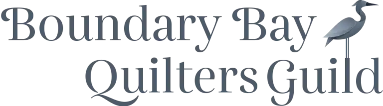 Logo for Boundary Bay Quilters Guild, featuring the group’s name in elegant, dark gray serif font, with a stylized heron standing on the letter d in Guild—perfect for promoting a Quilt Show in Delta BC Canada.