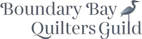 Logo for Boundary Bay Quilters Guild, featuring the group’s name in elegant, dark gray serif font, with a stylized heron standing on the letter d in Guild—perfect for promoting a Quilt Show in Delta BC Canada.