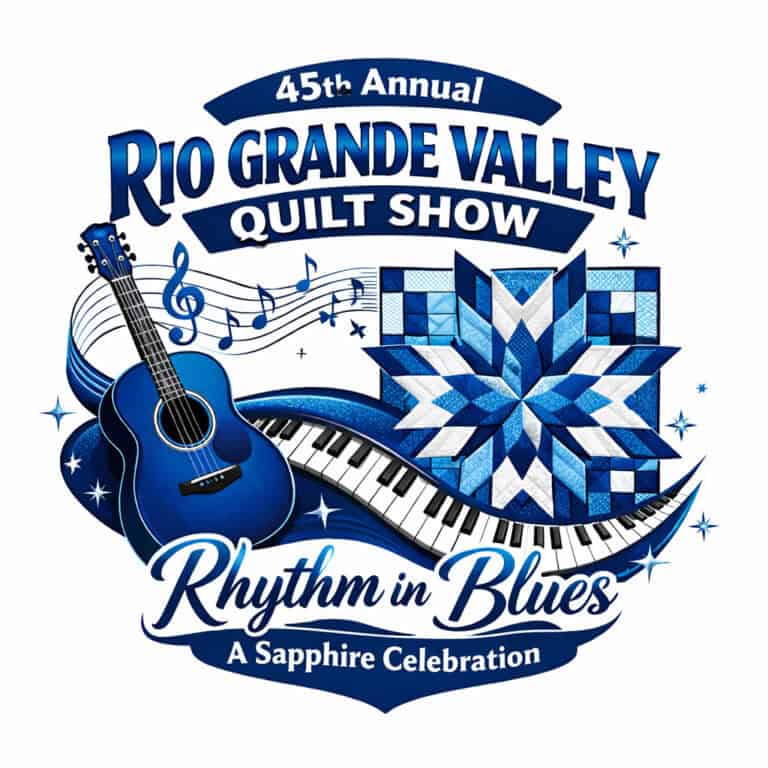 Logo for the 45th Annual Rio Grande Valley Quilt Show in South Padre Island TX, featuring a blue guitar, piano keys, musical notes, and a blue quilt star pattern, with the text Rhythm in Blues: A Sapphire Celebration.