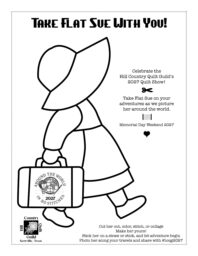 Black-and-white illustration of a girl in a sunhat and dress holding a suitcase labeled Around the World in 2027, 80 Stitches. Text invites viewers to take Flat Sue on adventures for the quilt show in Kerrville TX event.