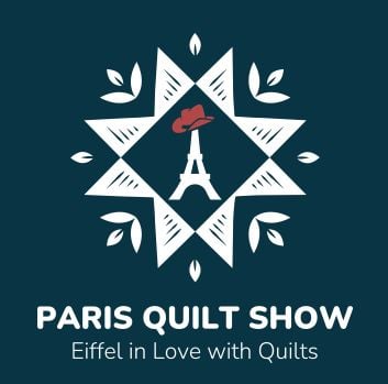 Paris-Quilt-Show Logo for the Quilt Show in Paris TX featuring a white quilt pattern with the Eiffel Tower at the center wearing a red hat, and the text “PARIS QUILT SHOW - Eiffel in Love with Quilts” below.