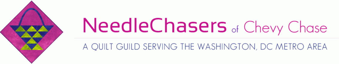 Logo for NeedleChasers of Chevy Chase with a geometric quilted bag icon and the tagline “A quilt guild serving the Washington, DC metro area.” Perfect for members and visitors of our annual quilt show in Kensington MD.