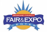Logo for Spokane County Fair & Expo Center, featuring a sunburst behind a blue and gold badge with text, inspired by events like the quilt show in Pleasanton CA. SPOKANE COUNTY is at the top, FAIR & EXPO in the center, and CENTER at the bottom.