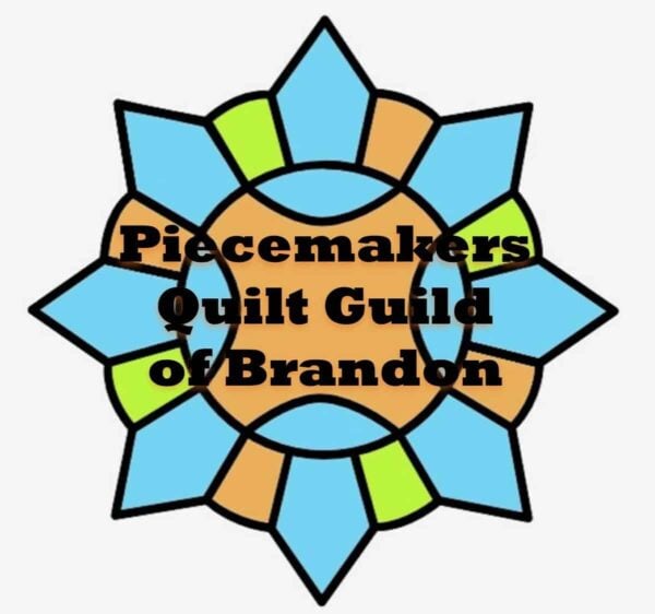 A stylized quilt pattern with blue, orange, and green shapes. Bold text in black reads: Piecemakers Quilt Guild of Brandon across the center of the design, highlighting their upcoming quilt show in Riverview FL.