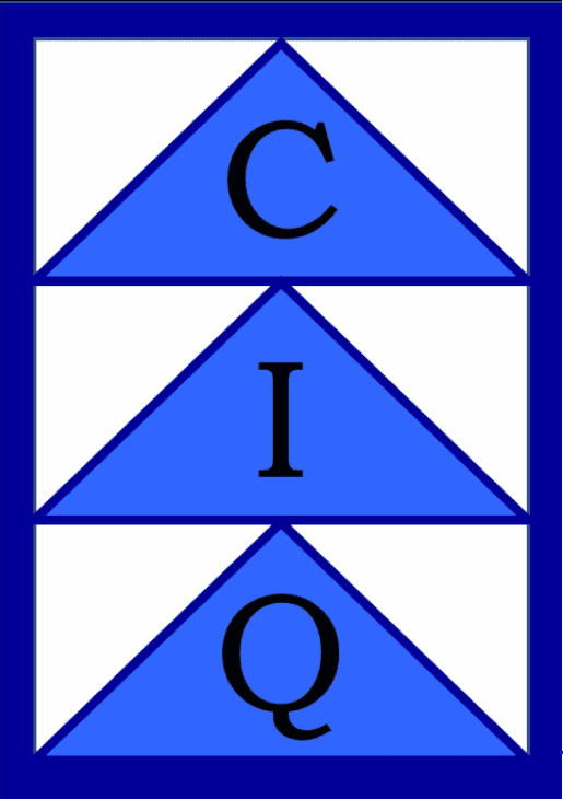 Three blue triangles stacked vertically inside a blue rectangle. Each triangle contains a large black letter: C in the top triangle, I in the middle, and Q in the bottom.
