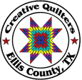 A circular logo with the words Creative Quilters Ellis County, TX around the edge. In the center is a colorful, multi-pointed star quilt pattern, with a red star on each side.