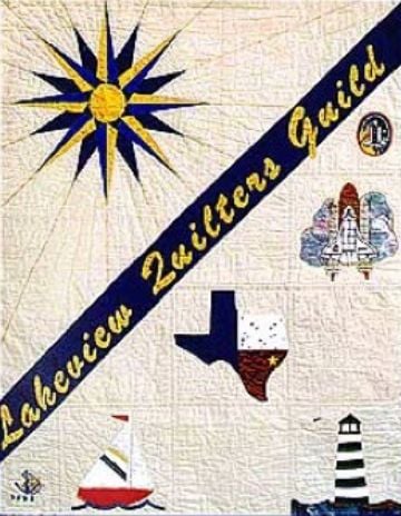 Lakeview Quilters Guild, images of a space shuttle, Texas state outline, sailboat, and a lighthouse on a white background.