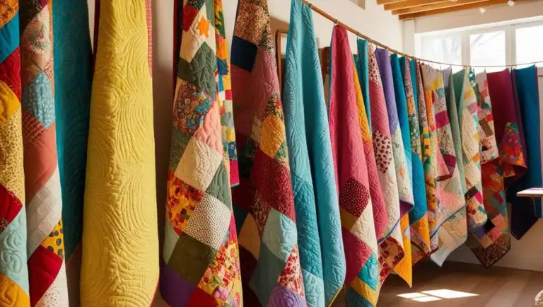 Colorful quilts with various patterns and patchwork designs hang side by side on a line inside a bright room with wooden floors and large windows.