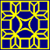 A geometric pattern featuring yellow lines forming star and diamond shapes on a dark blue background, with a symmetrical, decorative design and a square border.