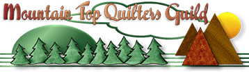 Logo for Mountain Top Quilters Guild featuring stylized green trees, brown quilt-patterned mountains, a yellow sun, and the group’s name in decorative red and brown script above the landscape.