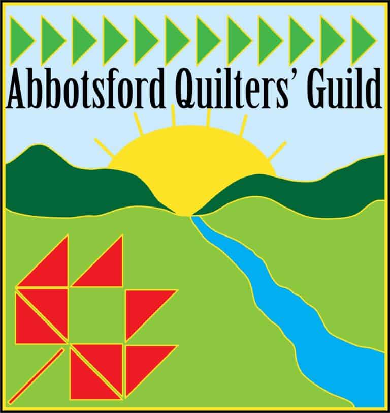 A logo for the Abbotsford Quilters’ Guild featuring a sunrise over green hills, a blue river, green triangles along the top, and a red quilt block pattern in the bottom left corner.