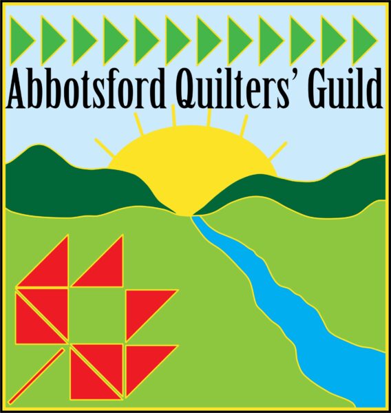 A logo for the Abbotsford Quilters’ Guild featuring a sunrise over green hills, a blue river, green triangles along the top, and a red quilt block pattern in the bottom left corner.