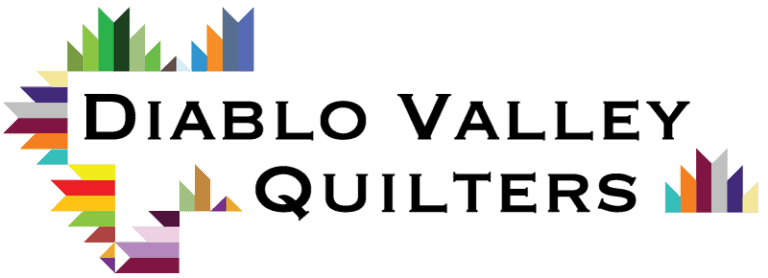 Logo for Diablo Valley Quilters. The words are surrounded on the left and lower right by colorful geometric quilt-like shapes in green, blue, purple, yellow, orange, and red. The text is in bold black capital letters.