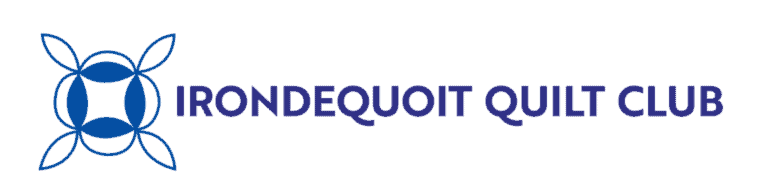 Logo for Irondequoit Quilt Club featuring a blue geometric quilt pattern on the left and the club name in bold, purple uppercase letters on the right.
