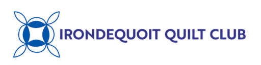 Logo for Irondequoit Quilt Club featuring a blue geometric quilt pattern on the left and the club name in bold, purple uppercase letters on the right.