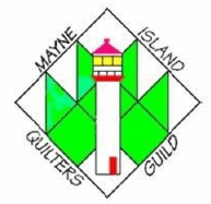 Logo of the Mayne Island Quilters Guild, featuring a lighthouse over a green quilt pattern, enclosed in a diamond shape with the group’s name written along the edges.