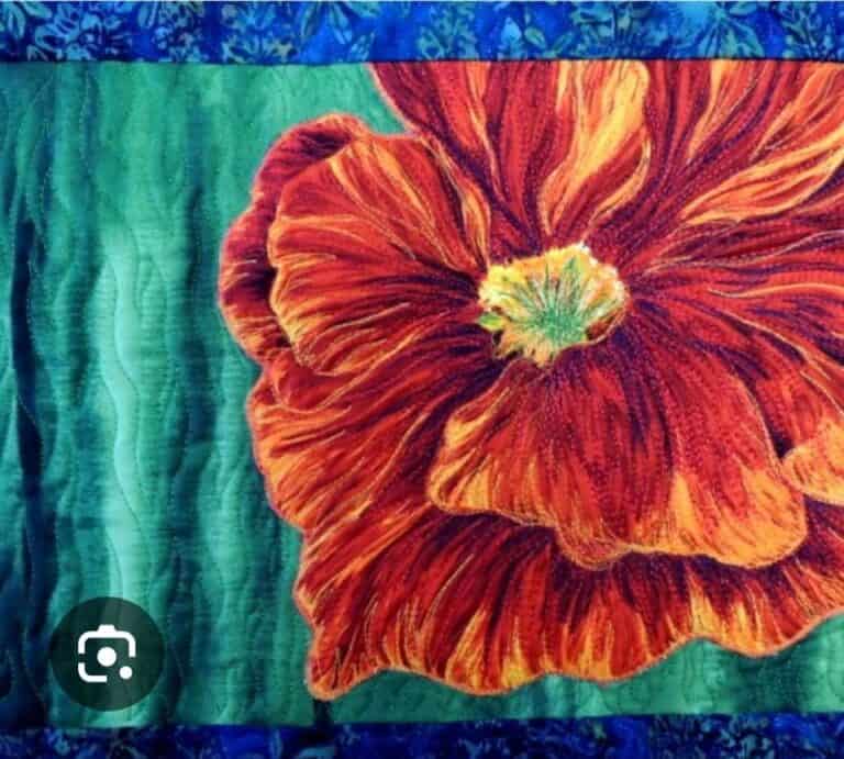 A quilt featuring a large, detailed red and orange flower with a yellow center on a green background, bordered by a blue patterned fabric.