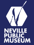 Logo for Neville Public Museum featuring a white hexagon with a stylized feather or quill inside, above the museums name in bold white text, all set against a dark blue background.