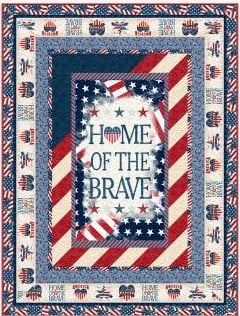 A patriotic quilt featuring stars, stripes, and hearts in red, white, and blue, with Home of the Brave written in the center—perfect for display at the Quilt Show in SALISBURY Maryland amid other stunning patriotic motifs.