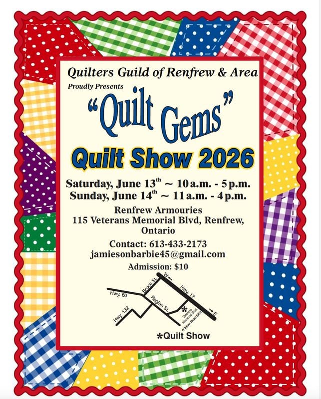 A colorful flyer with checkered fabric borders announces the Quilt Gems Quilt Show 2026 by the Quilters Guild of Renfrew & Area. It includes event dates, location, contact info, admission fee, and a small map.