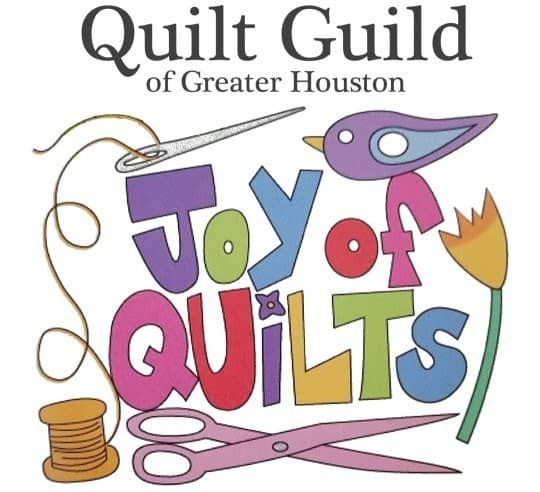 Colorful logo for the Quilt Guild of Greater Houston featuring text “Joy of Quilts” with a needle, thread, spool, scissors, a bird, and a tulip in a playful style—perfect for promoting the Quilt Show in Stafford TEXAS.