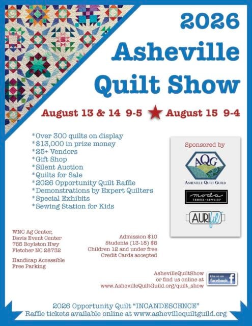 Flyer for the 2026 Asheville Quilt Show in Fletcher, North Carolina, featuring event dates, times, location, list of activities, admission prices, sponsors, and contact details. The background showcases vibrant quilt patterns to celebrate this much-anticipated Quilt Show in Fletcher North Carolina.