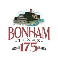 Logo for Bonham, Texas 175th anniversary (1848–2023), featuring buildings, trees, and a river above the text Bonham Texas 175 with anniversary years on banners—perfect to celebrate events like the Quilt Show in Bonham, Texas.