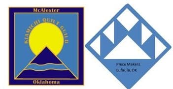 Two quilt guild logos: one features a yellow sun rising over blue and purple mountains with “McAlester Quilt Guild Oklahoma,” celebrating the creative spirit of the annual Quilt Show in McAlester, Oklahoma; the other is a blue diamond with white triangles and “Piece Makers Eufaula, OK.”.