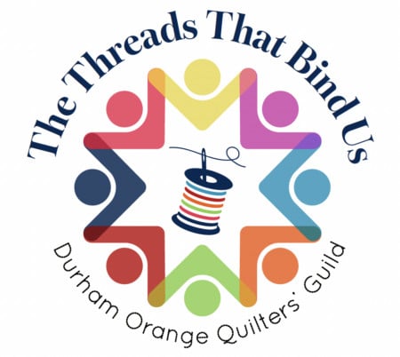 Logo with colorful figures forming a star around a spool of thread. Text reads The Threads That Bind Us and Durham Orange Quilters Guild—a vibrant emblem perfect for promoting the Quilt Show in Mebane, North Carolina.