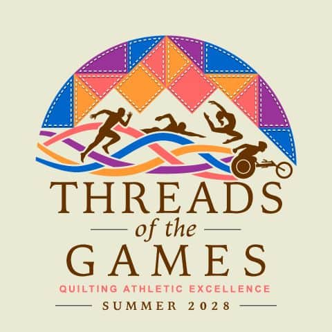 Logo for Threads of the Games: Quilting Athletic Excellence, Summer 2028, inspired by quilt patterns, wavy lines, and silhouettes of diverse athletes—including a wheelchair user—above the event name. Perfect for events like the Quilt Show in Long Beach California, this design celebrates unity and creativity through athletic achievement.