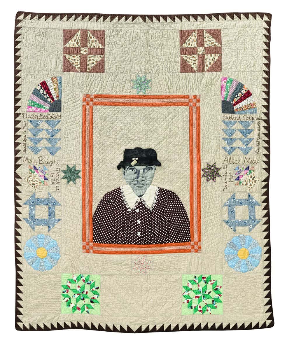 A quilt inspired by the vibrant spirit of DC District Of Columbia, featuring a central portrait of a person in glasses and a hat, surrounded by colorful patchwork patterns and embroidered names on a beige background with a zigzag border. This unique piece would be a captivating addition to any Quilt Show in Washington.